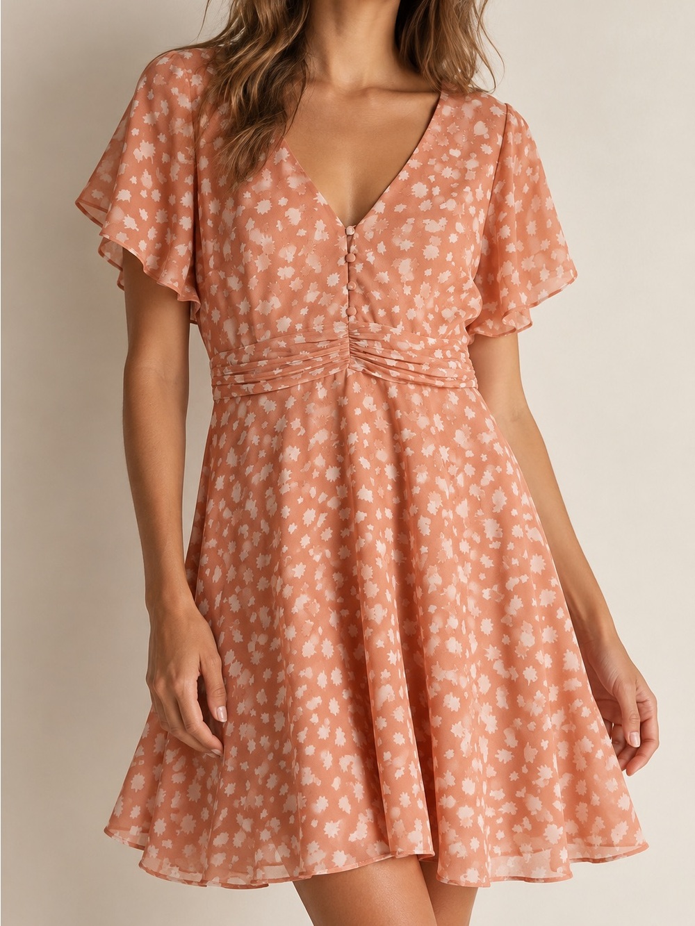 Madewell Size 6 Peach Floral Flutter Sleeve Ruched Waist Mini Dress